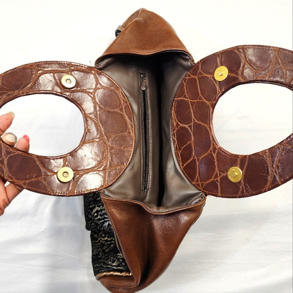 Women's Metallic Copper Brown Mixed Material Ethnic Ornate Sturdy Hand Purse Bag - Picture 10 of 16